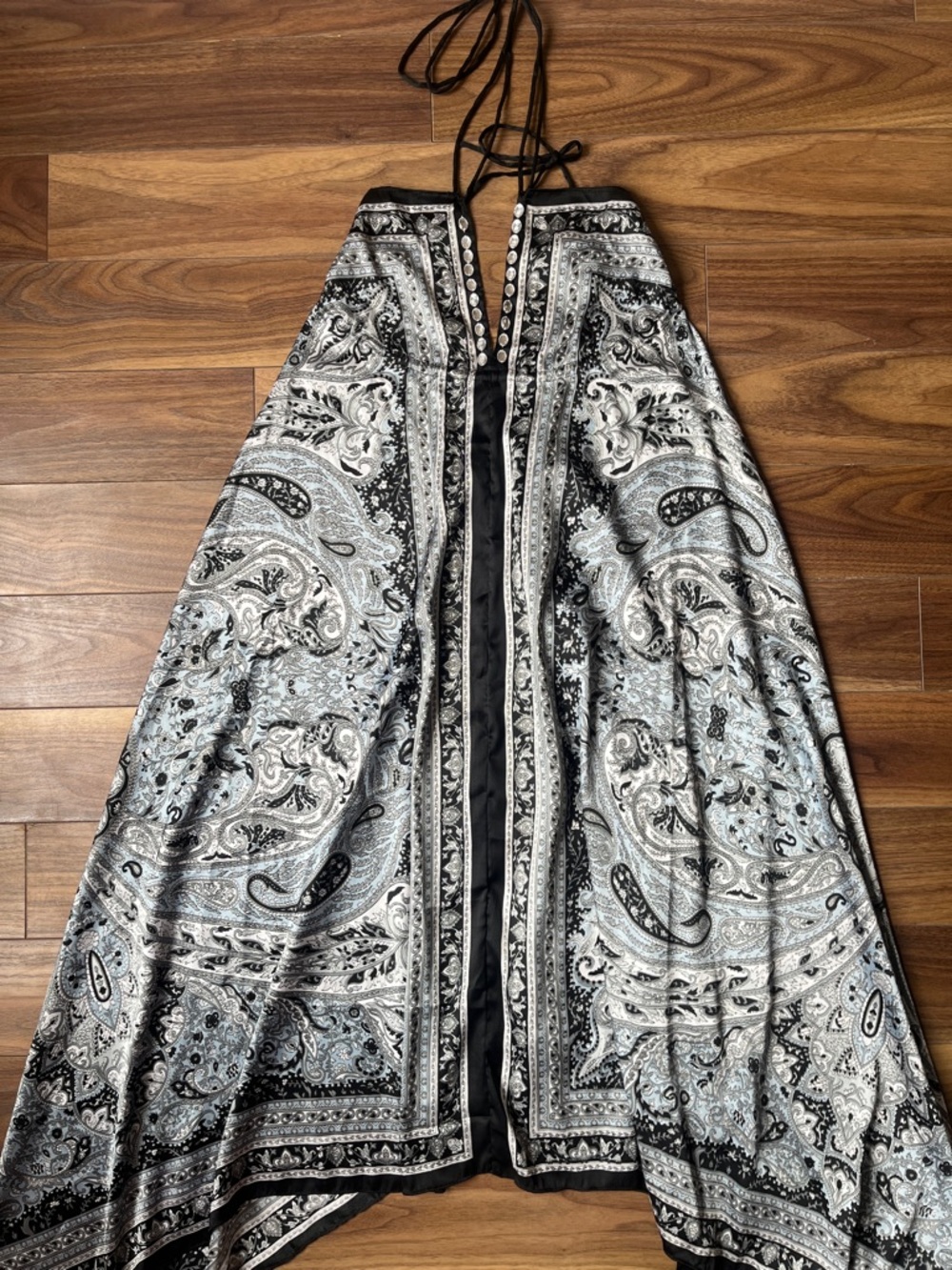 Black & White Paisley Halter Maxi Skirt Backless Adjustable String Summer Beach